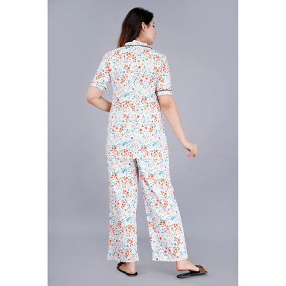 PKRKART Women's Casual Half Sleeve Printed Viscose Rayon Shirt With Pyjama Pant Night Suit Set (White)
