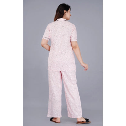 PKRKART Women's Casual Half Sleeve Printed Viscose Rayon Shirt With Pyjama Pant Night Suit Set (Pink)