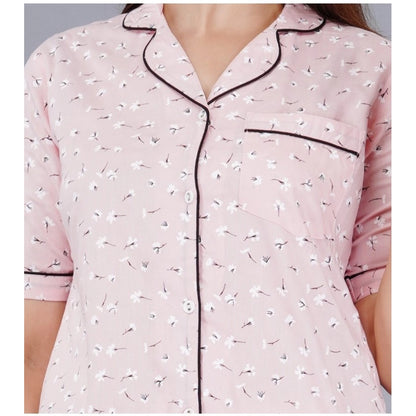 PKRKART Women's Casual Half Sleeve Printed Viscose Rayon Shirt With Pyjama Pant Night Suit Set (Pink)