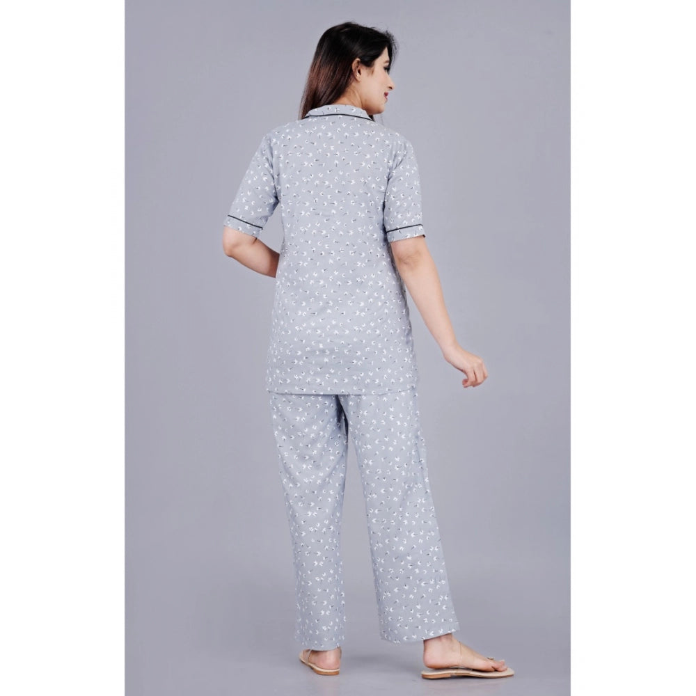 PKRKART Women's Casual Half Sleeve Printed Viscose Rayon Shirt With Pyjama Pant Night Suit Set (Grey)