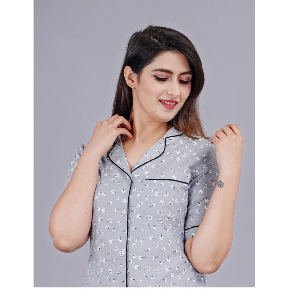PKRKART Women's Casual Half Sleeve Printed Viscose Rayon Shirt With Pyjama Pant Night Suit Set (Grey)