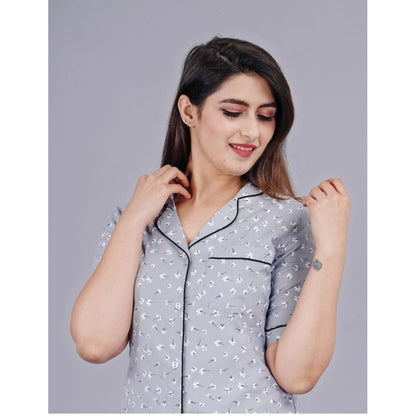 PKRKART Women's Casual Half Sleeve Printed Viscose Rayon Shirt With Pyjama Pant Night Suit Set (Grey)