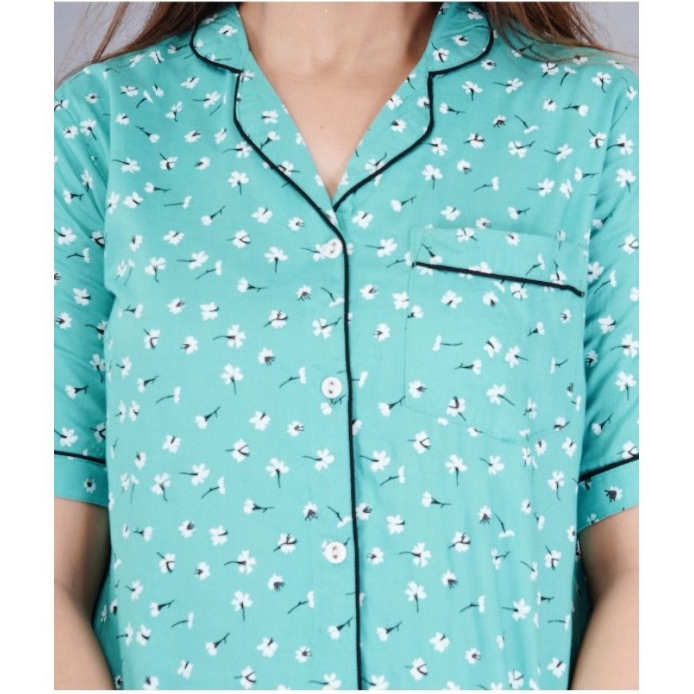 PKRKART Women's Casual Half Sleeve Printed Viscose Rayon Shirt With Pyjama Pant Night Suit Set (Green)
