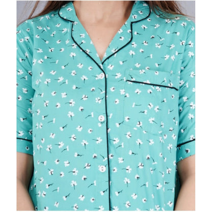 PKRKART Women's Casual Half Sleeve Printed Viscose Rayon Shirt With Pyjama Pant Night Suit Set (Green)