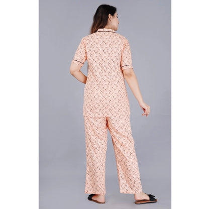 PKRKART Women's Casual Half Sleeve Printed Viscose Rayon Shirt With Pyjama Pant Night Suit Set (Peach)