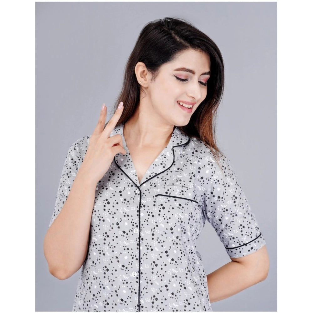 PKRKART Women's Casual Half Sleeve Printed Viscose Rayon Shirt With Pyjama Pant Night Suit Set (Grey)