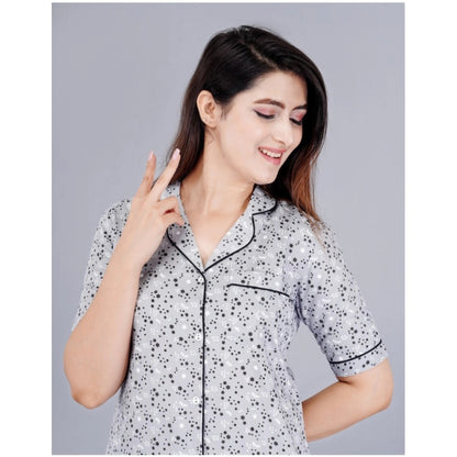 PKRKART Women's Casual Half Sleeve Printed Viscose Rayon Shirt With Pyjama Pant Night Suit Set (Grey)