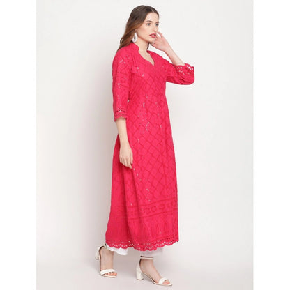 pkrkart Women's Casual 3/4th Sleeve Embroidered Cotton Kurti (Magenta)