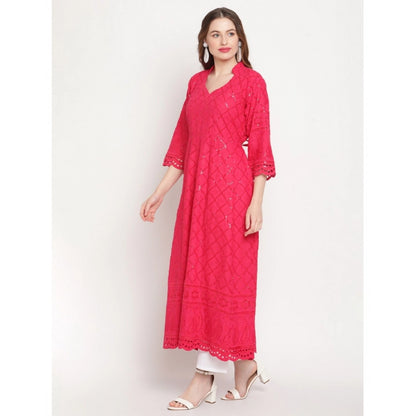 pkrkart Women's Casual 3/4th Sleeve Embroidered Cotton Kurti (Magenta)
