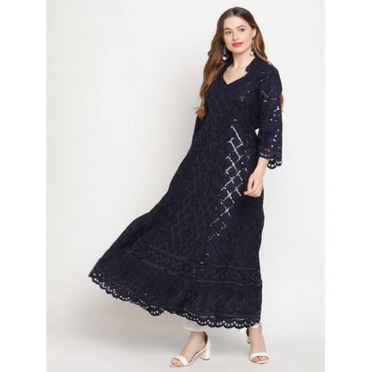pkrkart Women's Casual 3/4th Sleeve Embroidered Cotton Kurti (Navy Blue)