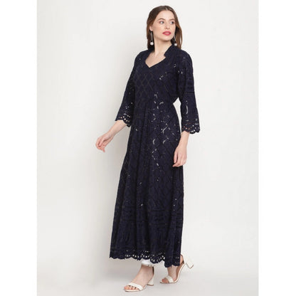 pkrkart Women's Casual 3/4th Sleeve Embroidered Cotton Kurti (Navy Blue)