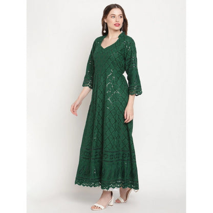 pkrkart Women's Casual 3/4th Sleeve Embroidered Cotton Kurti (Dark Green)