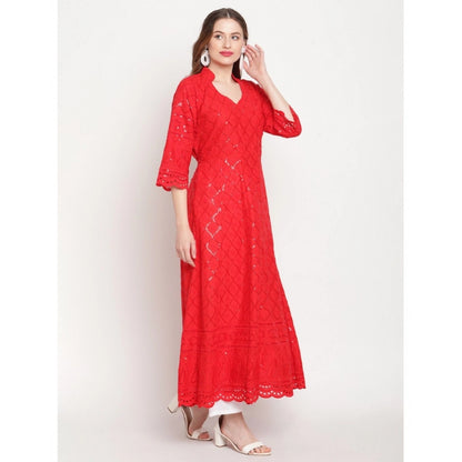 pkrkart Women's Casual 3/4th Sleeve Embroidered Cotton Kurti (Red)