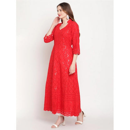 pkrkart Women's Casual 3/4th Sleeve Embroidered Cotton Kurti (Red)
