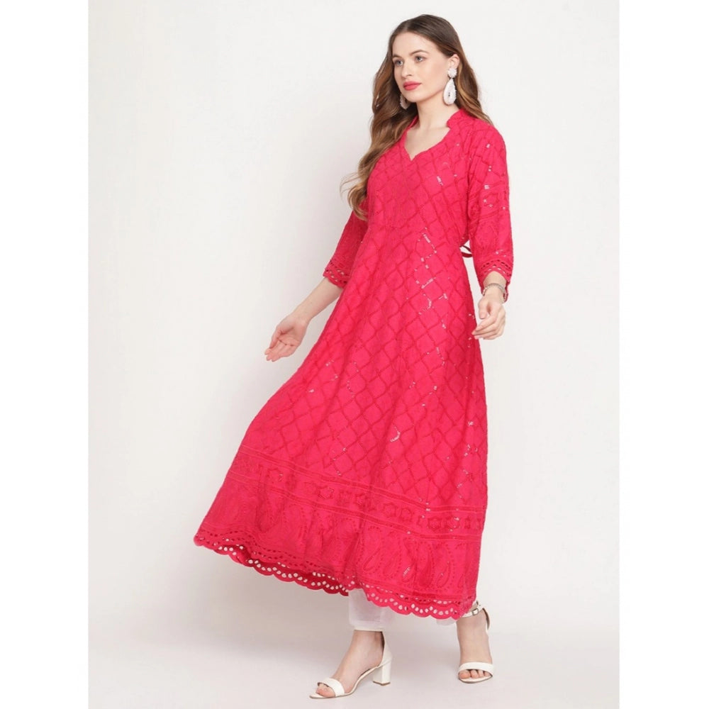 pkrkart Women's Casual 3/4th Sleeve Embroidered Cotton Kurti (Magenta)