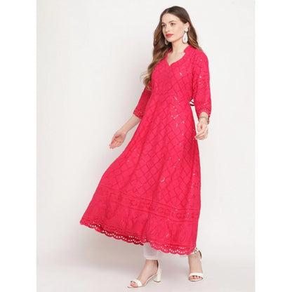 pkrkart Women's Casual 3/4th Sleeve Embroidered Cotton Kurti (Magenta)