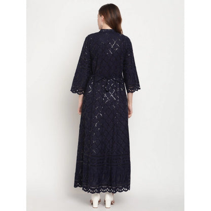 pkrkart Women's Casual 3/4th Sleeve Embroidered Cotton Kurti (Navy Blue)