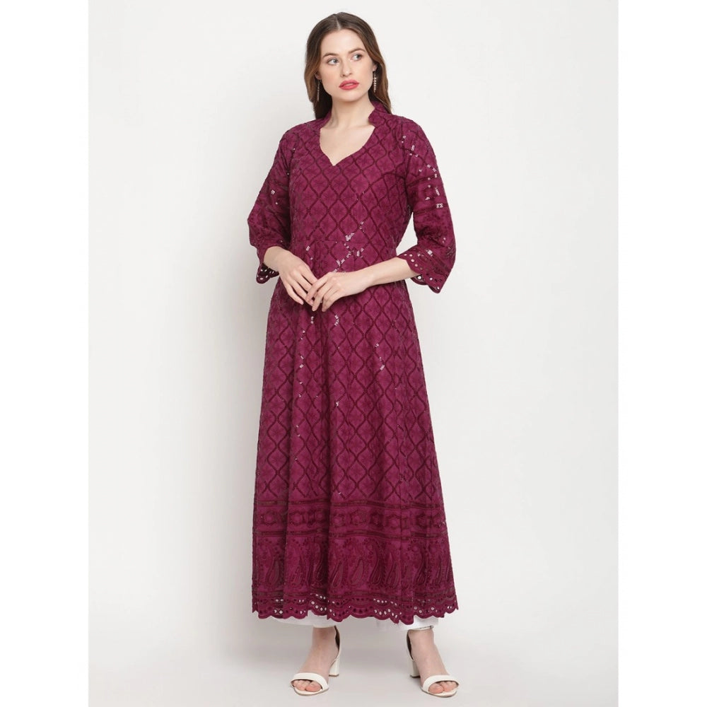 pkrkart Women's Casual 3/4th Sleeve Embroidered Cotton Kurti (Purple)
