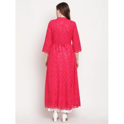 pkrkart Women's Casual 3/4th Sleeve Embroidered Cotton Kurti (Magenta)