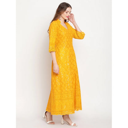 pkrkart Women's Casual 3/4th Sleeve Embroidered Cotton Kurti (Mustard)