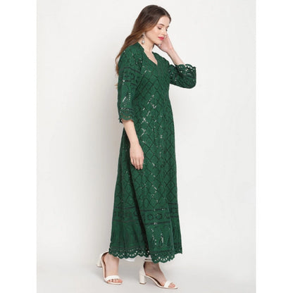 pkrkart Women's Casual 3/4th Sleeve Embroidered Cotton Kurti (Dark Green)