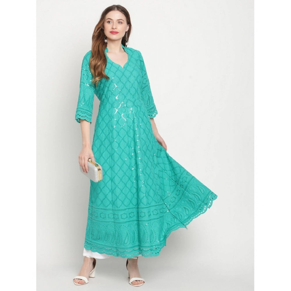 pkrkart Women's Casual 3/4th Sleeve Embroidered Cotton Kurti (Blue)