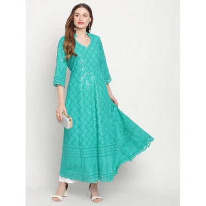 pkrkart Women's Casual 3/4th Sleeve Embroidered Cotton Kurti (Blue)