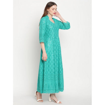 pkrkart Women's Casual 3/4th Sleeve Embroidered Cotton Kurti (Blue)