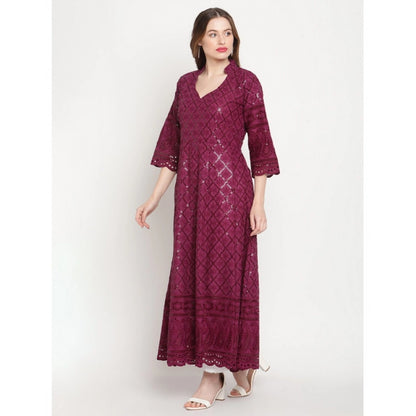pkrkart Women's Casual 3/4th Sleeve Embroidered Cotton Kurti (Purple)