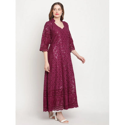 pkrkart Women's Casual 3/4th Sleeve Embroidered Cotton Kurti (Purple)