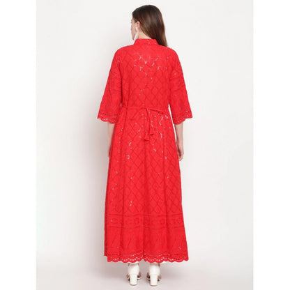pkrkart Women's Casual 3/4th Sleeve Embroidered Cotton Kurti (Red)