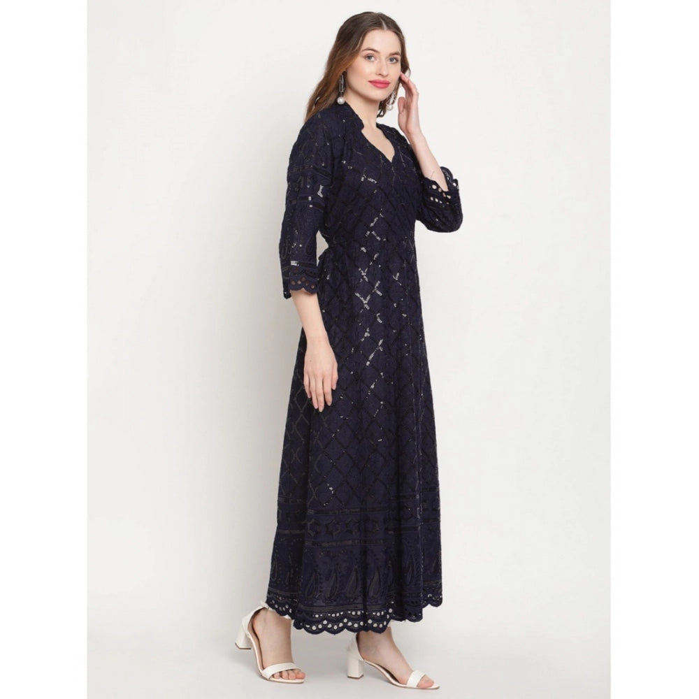 pkrkart Women's Casual 3/4th Sleeve Embroidered Cotton Kurti (Navy Blue)