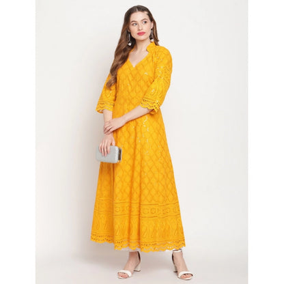 pkrkart Women's Casual 3/4th Sleeve Embroidered Cotton Kurti (Mustard)