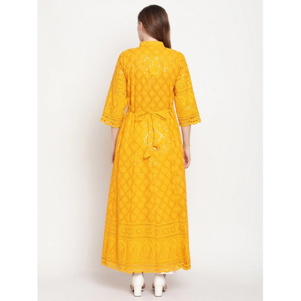 pkrkart Women's Casual 3/4th Sleeve Embroidered Cotton Kurti (Mustard)