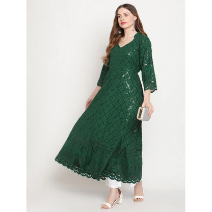 pkrkart Women's Casual 3/4th Sleeve Embroidered Cotton Kurti (Dark Green)