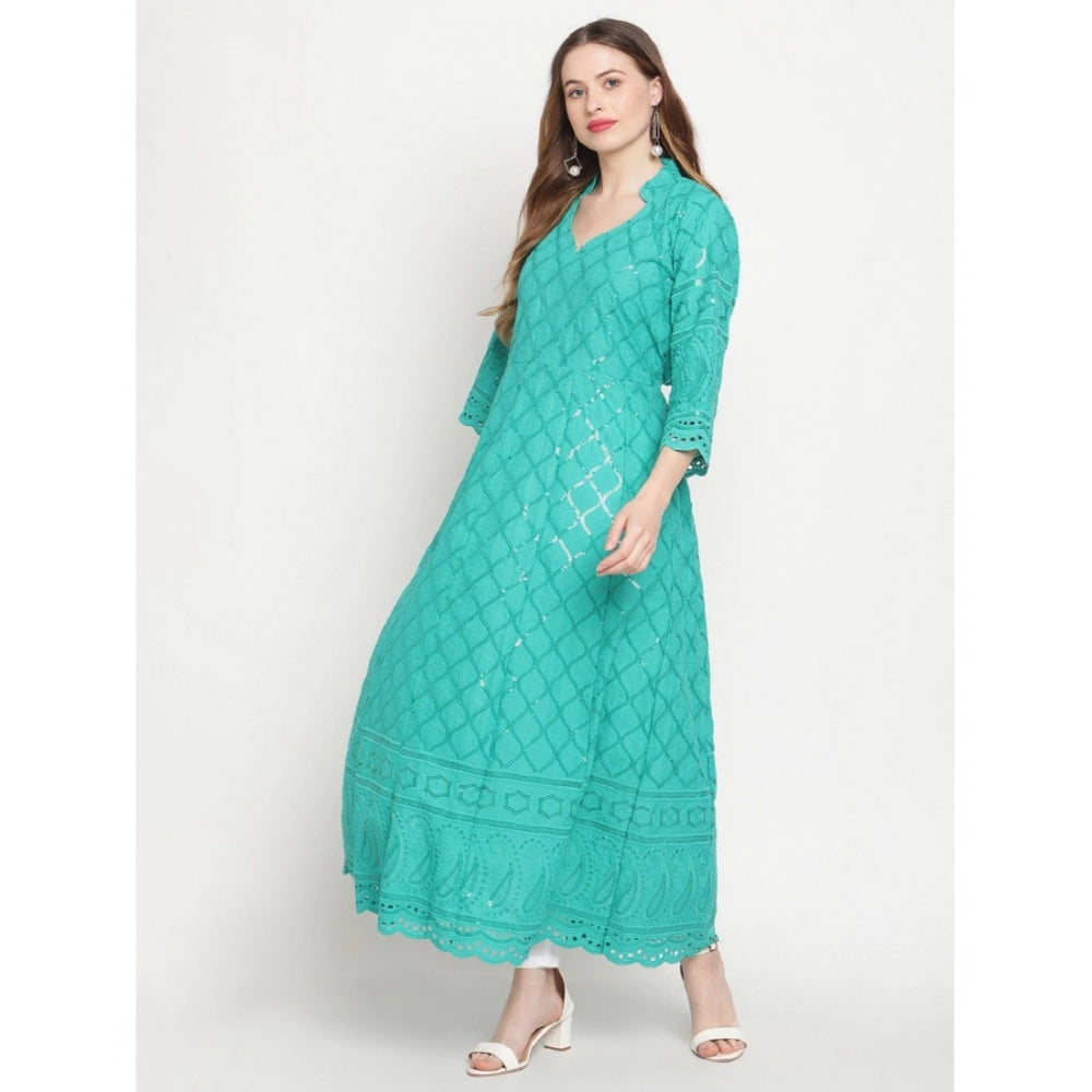 pkrkart Women's Casual 3/4th Sleeve Embroidered Cotton Kurti (Blue)