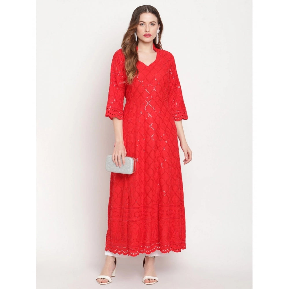 pkrkart Women's Casual 3/4th Sleeve Embroidered Cotton Kurti (Red)