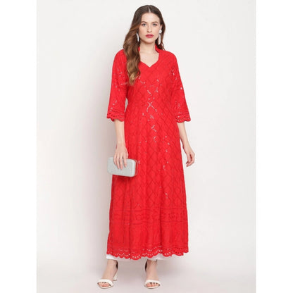 pkrkart Women's Casual 3/4th Sleeve Embroidered Cotton Kurti (Red)