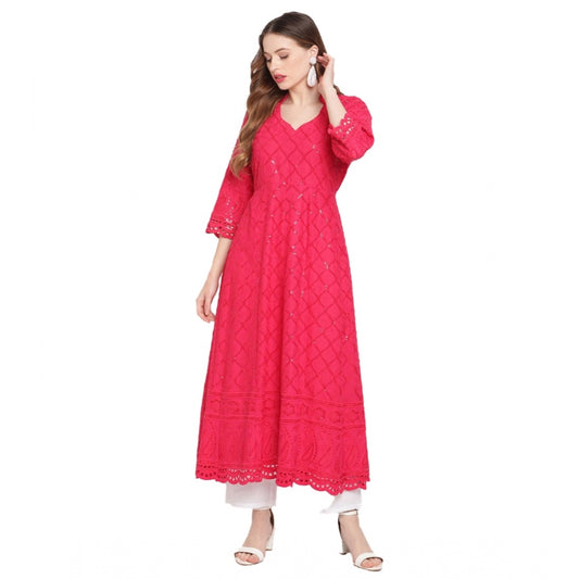 pkrkart Women's Casual 3/4th Sleeve Embroidered Cotton Kurti (Magenta)