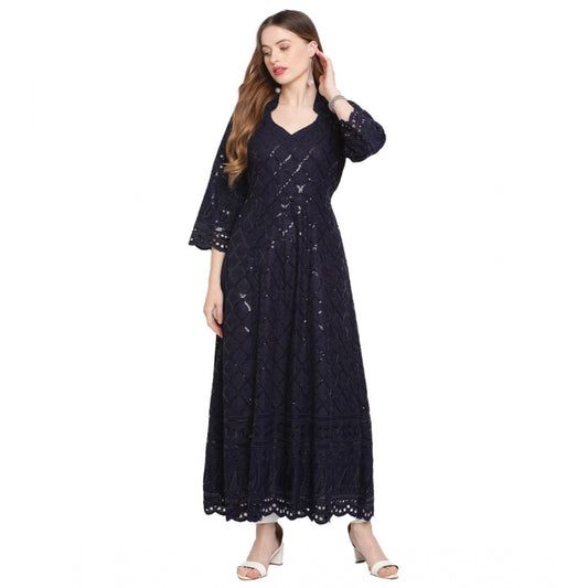 pkrkart Women's Casual 3/4th Sleeve Embroidered Cotton Kurti (Navy Blue)