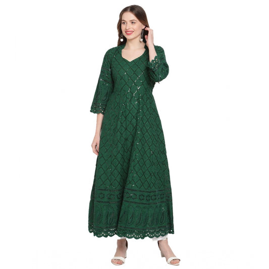 pkrkart Women's Casual 3/4th Sleeve Embroidered Cotton Kurti (Dark Green)