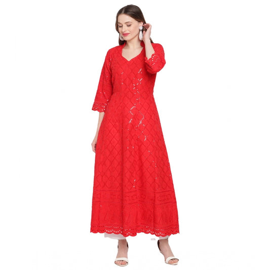 pkrkart Women's Casual 3/4th Sleeve Embroidered Cotton Kurti (Red)