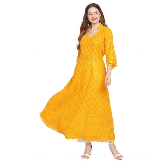 pkrkart Women's Casual 3/4th Sleeve Embroidered Cotton Kurti (Mustard)