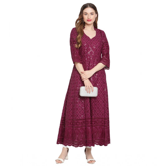 pkrkart Women's Casual 3/4th Sleeve Embroidered Cotton Kurti (Purple)
