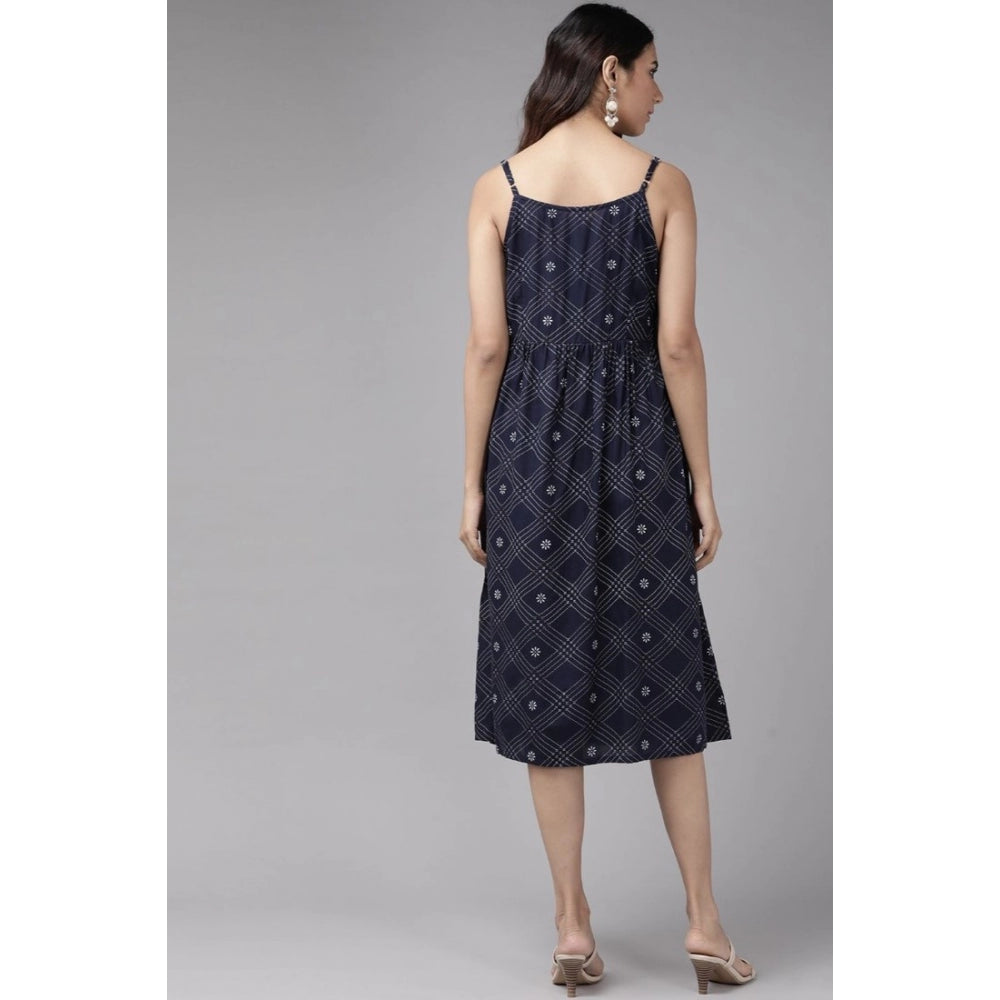 PKRKART Women's Casual Sleeveless Stripe Printed Rayon Dress (Blue)