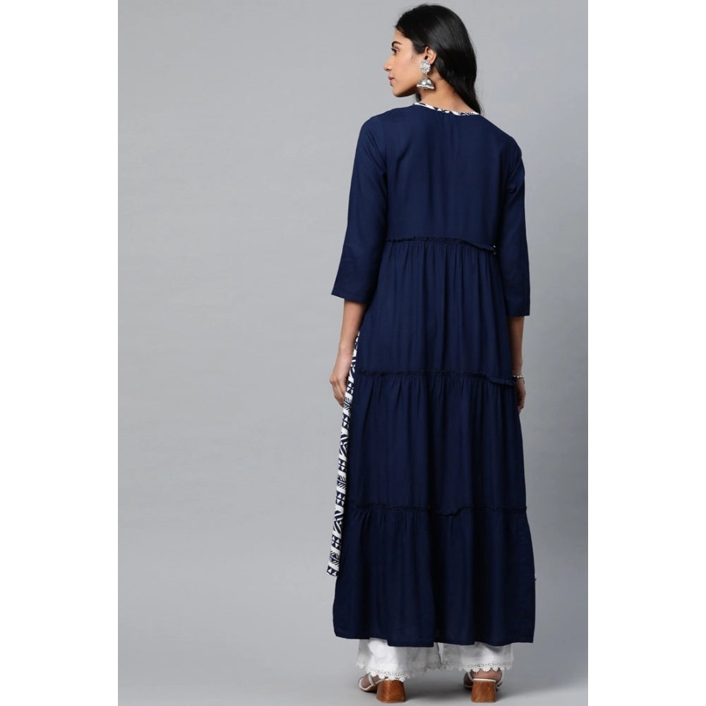 pkrkart Women's Casual 3/4 th Sleeve Geometric Rayon Kurti (Navy Blue)