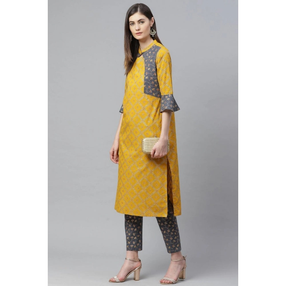 pkrkart Women's Casual Bell Sleeves Geomatrical Printed Cotton Kurti Set (Yellow)
