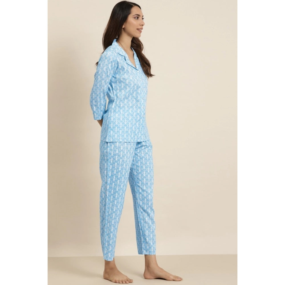 PKRKART Women's Casual 3/4 th Sleeve Floral Printed Rayon Shirt With Pyjama Pant Night Suit Set (Blue)