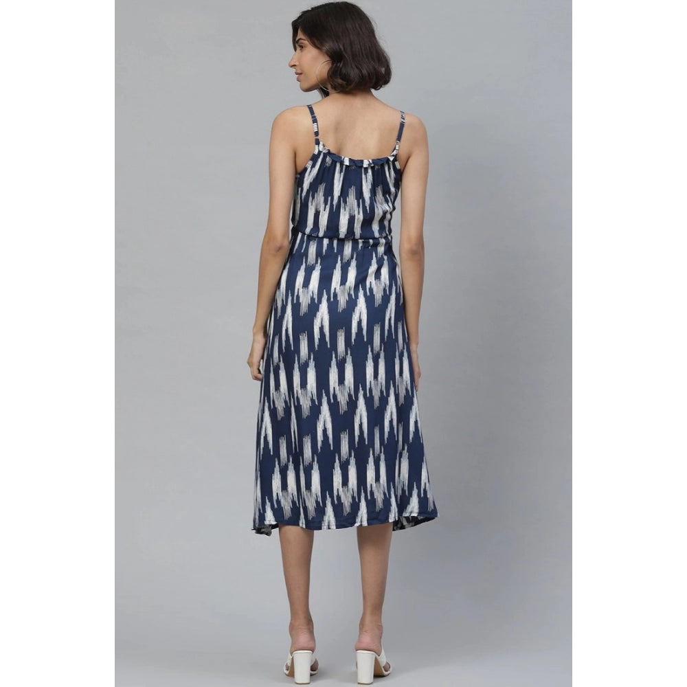 PKRKART Women's Casual Sleeveless Ikat Print Rayon Dress (Blue)