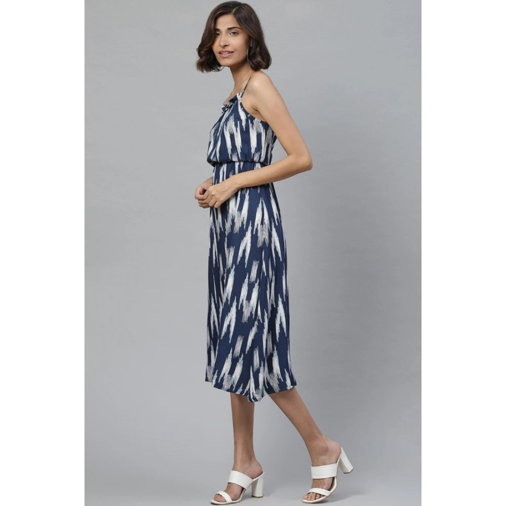 PKRKART Women's Casual Sleeveless Ikat Print Rayon Dress (Blue)